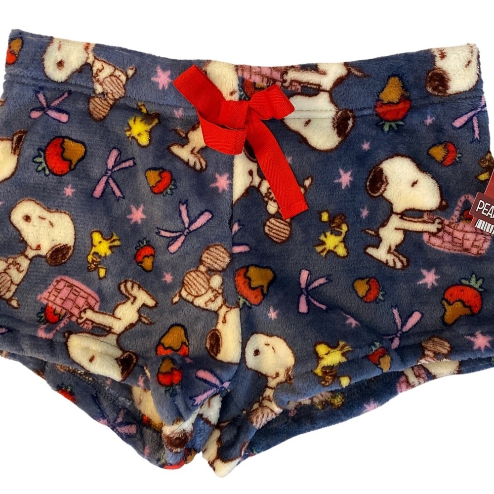 Peanuts Pajama Shorts Women XL Blue Snoopy‎ Woodstock Fleece Sleep Bottoms Bows